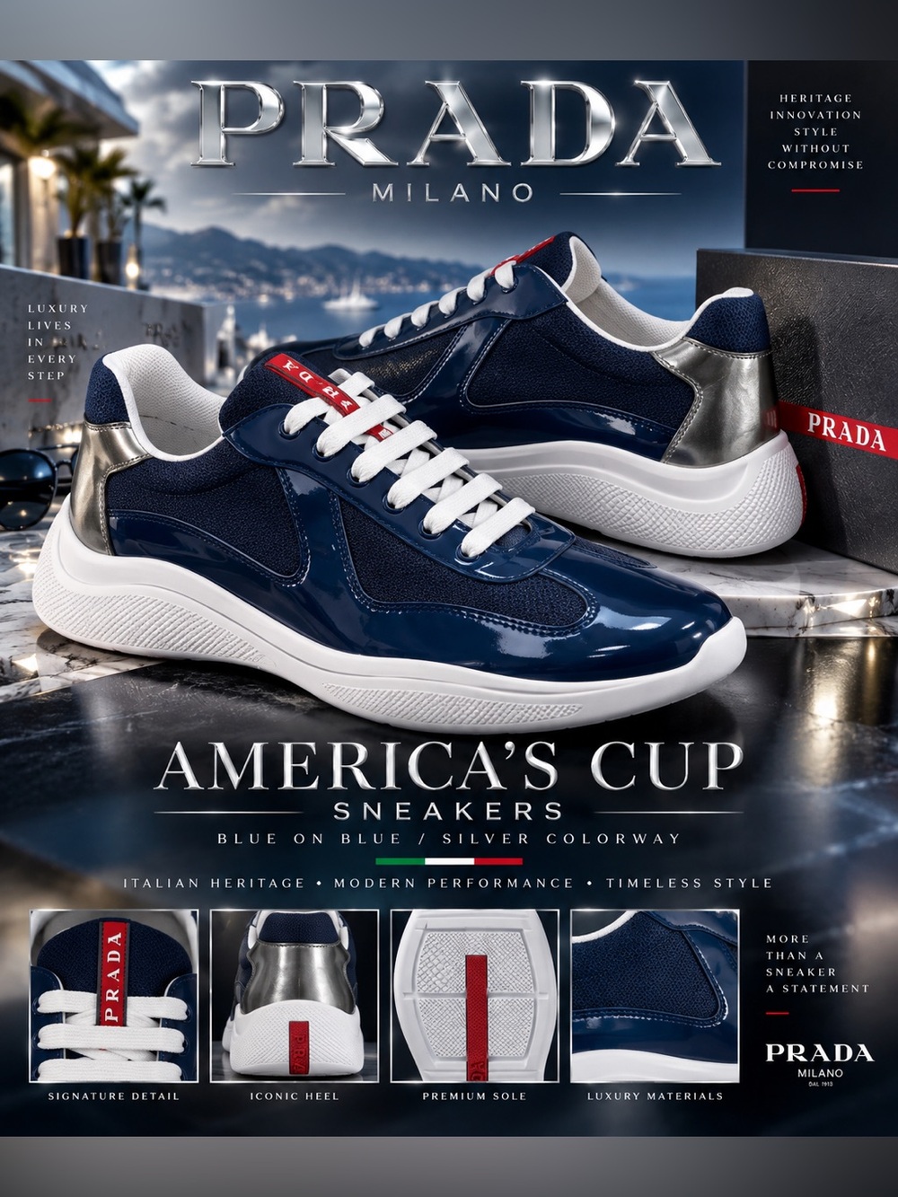 New!🔥Iconic Prada America's Cup Sneakers. In the Blue on Blue/ Silver colorway!🔥